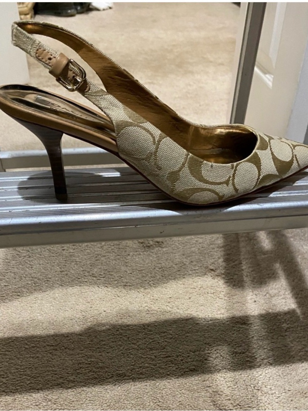 Coach Signature Canvas Slingback Pointed Heel in Beige and Gold